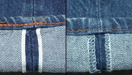 redline selvage on left, thick stitch, newer stitched edge on right, thin stitch.